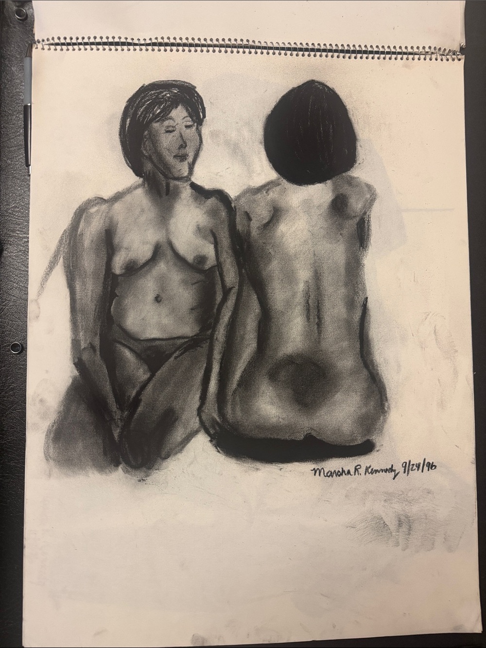 Original Charcoal Figure Drawing 2 Women Nude